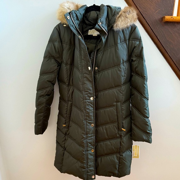 Brand new with tags Michael Kors long puffer coat with faux fur hood